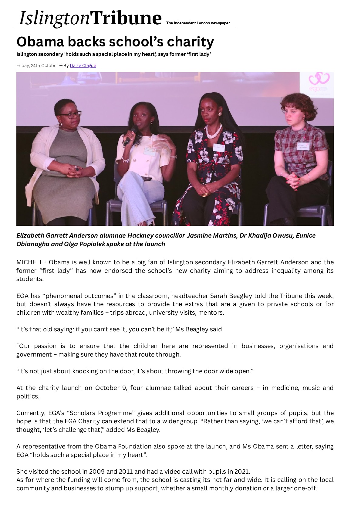 Islington tribune   Obama backs Schools charity ? By Daisy Clague